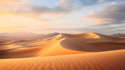 Fototapeta na wymiar Panorama of sand dunes in the desert at sunset. Sahara desert, Morocco