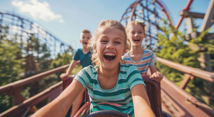 Fototapeta na wymiar a mother and her two kids having fun on rollercoaster at amusement park, laughing, happy faces
