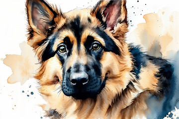 Abstract Watercolor German Shepherd Puppy. Closeup pet portrait with copy space - obrazy, fototapety, plakaty