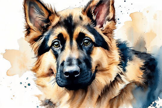 Abstract Watercolor German Shepherd Puppy. Closeup pet portrait with copy space