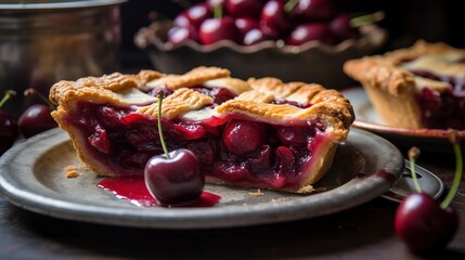 Rustic cherry pie, close-up, with a flaky crust and rich, red cherry filling spilling out, on a vintage pie dish.  - obrazy, fototapety, plakaty