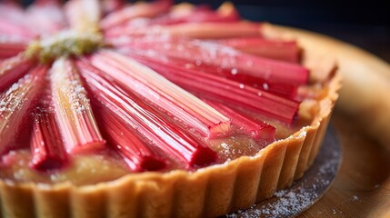 Rhubarb tart close-up, with a focus on the striking pink rhubarb strips and crispy pastry, on a light wood surface.  - obrazy, fototapety, plakaty