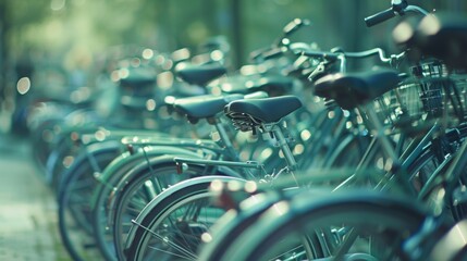 A blurred backdrop of bicycles in varying shades of green representing the evergrowing popularity of this sustainable mode of transport. The soft focus creates a sense of calm and . - obrazy, fototapety, plakaty