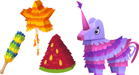 Obraz premium Mexican pinata for children birthday party cartoon vector icon. Holiday mexico game with funny paper horse and candy graphic set. Unicorn, watermelon and star handcraft design collection to hitting