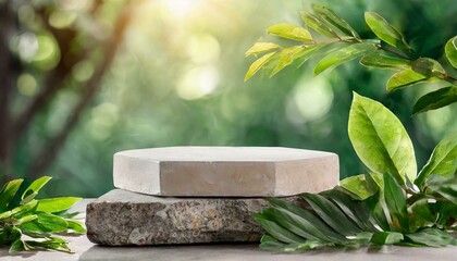 Obraz premium Green Oasis: Concrete Podium with Leaves for Product Presentation