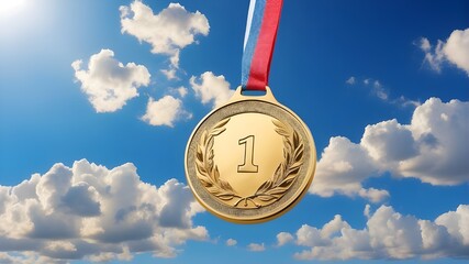 gold medal with blue sky, Gold medal suspended in the sky, victor against blue sky background, sports, accomplishment, game, sports enterprise, success idea