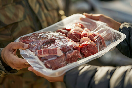 Close up view of giving of sacrificial meat on Eid al-Adha on the street