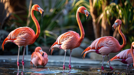 Pink flamingos standing tall and elegant in shallow waters, their vibrant feathers reflecting in the sunlight. 