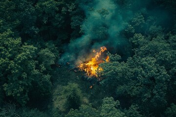 Fototapeta na wymiar Wildforest fire burning forest trees eecological disaster smoke aerial view from helicopter danger death animals damage hazard blaze pollution tragedy
