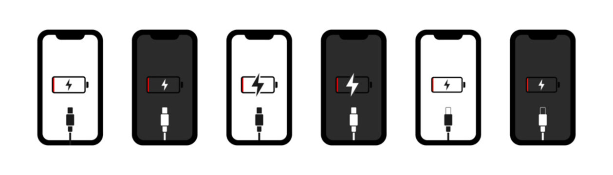 Charging phone. Smartphone charge battery. Usb cable and mobile phone. Vector illustration.