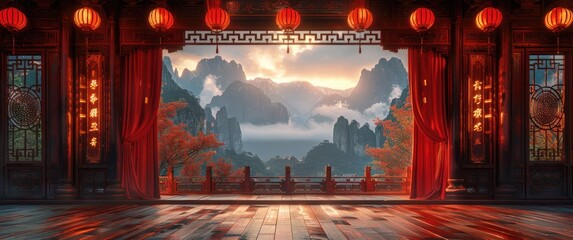 chinese style stage with red curtains on both sides, The background features misty mountains in dark tones, cinematic lighting effects. a grand scene backdrop