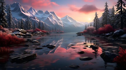 Beautiful panoramic landscape of a mountain lake at sunset.