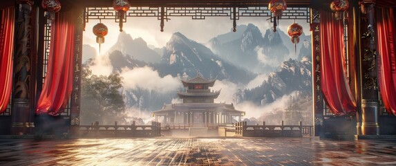 chinese style stage with red curtains on both sides, The background features misty mountains in dark tones, cinematic lighting effects. a grand scene backdrop - obrazy, fototapety, plakaty