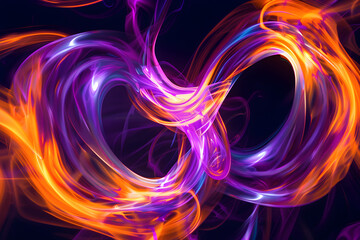 Abstract neon swirls in vibrant shades of orange and purple. A lively artwork on black background.