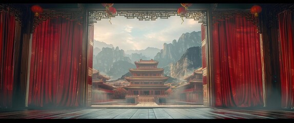 chinese style stage with red curtains on both sides, The background features misty mountains in dark tones, cinematic lighting effects. a grand scene backdrop