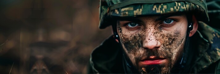 Resolute soldier puts on prosthetic, close up of determined expression for impactful image - Powered by Adobe