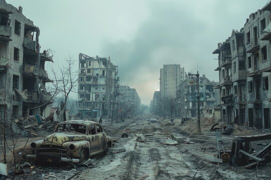 Quite empty apocalyptic city extinction war disaster post apocalypse hell town smoke fog gray lifeless land destroyed buildings ruins dead skyscrapers rubble loneliness streets ruined