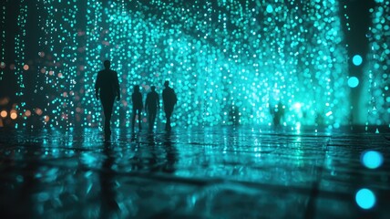 The picture of the group people that has been walking into the endless walkway that has been raining with the digital matrix green binary rain of code that seem like people search something. AIGX01.