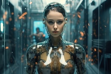 Android robot with a female face. Extending the life of people in robotic bodies or replacing a person with artificial intelligence.