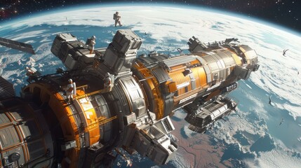 Futuristic space station in orbit around Earth with astronauts performing extravehicular activities.