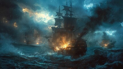 A grand pirate ship sails through a fantastical cosmic storm with vibrant nebulae in the sky.