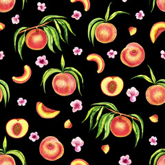 Watercolor peaches and flowers seamless watercolor pattern. Ripe fruits and leaves endless hand drawn background. For fabric and wallpaper.