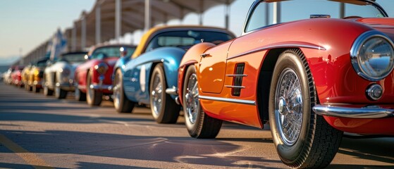 Colorful classic cars at a vintage rally lined up under a bright sunny sky.