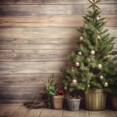 Kerstboom met cadeautjes voor houten muur 3D-rendering
