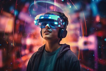 Young man wearing virtual reality glasses in neon lights. The digitalization of society is like a virus. Escape from reality to the digital world.