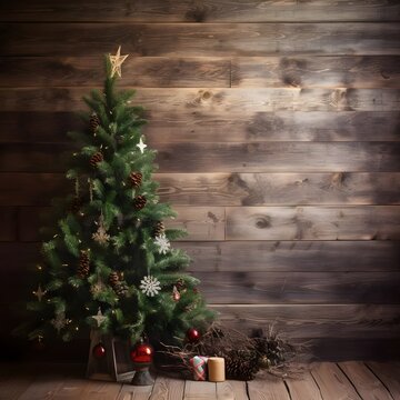 Kerstboom met cadeautjes voor houten muur 3D-rendering

