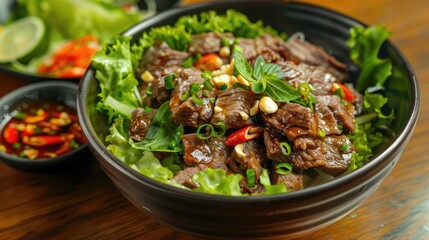 Beef salad with spicy sauce in a bowl on wooden table.