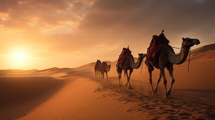 Caravan in the desert in the rays of the sun at sunset. Delivery of goods and cargo to cities where there are no roads.