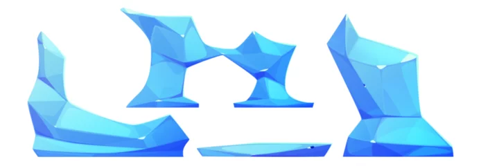 Gordijnen Iceberg pieces set isolated on white background. Vector cartoon illustration of abstract shape blue ice blocks and arch, antarctic landscape design elements, mountain gracier, river floe fragments © klyaksun