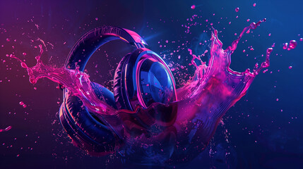 Headphones Splashing in Pink Liquid Soundwave Concept