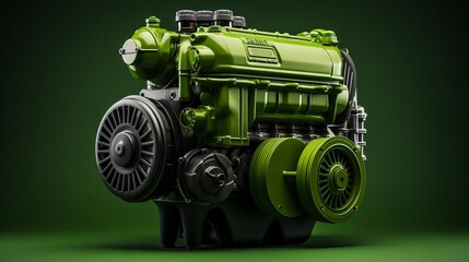 A detailed image of a green diesel engine with black belts and a black fan against a dark green background. - obrazy, fototapety, plakaty
