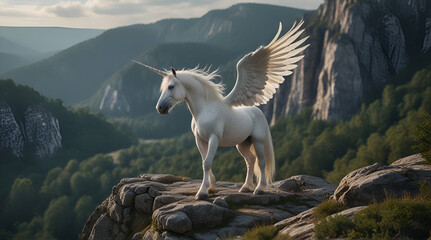 White pegasus unicorn in a rock cliff high above, Generative.AI
 - obrazy, fototapety, plakaty