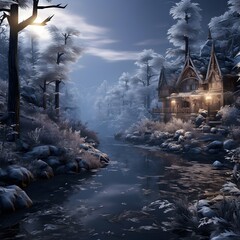 Fantasy winter landscape with a house and a river. 3d rendering