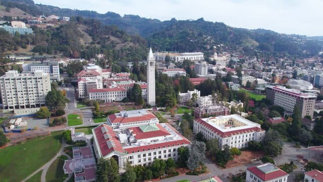 University of California Berkeley. Aerial View of Campus Buildings and Campanile Tower, Drone Shot