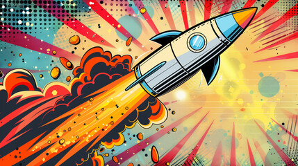 Retro Style Rocket Launch Illustration with Explosive Backdrop and Sun Rays