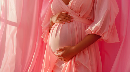 A pregnant woman in a magenta dress holds her belly, an elegant gesture