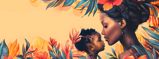 Mother's Day banner featuring a POC mother and her child, celebrating love and diversity - obrazy, fototapety, plakaty