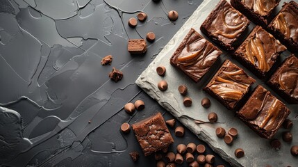 A plate of brownies with chocolate chips on top - obrazy, fototapety, plakaty