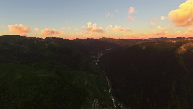 Aerial view at sunset of Roc Del Quer in Canillo - The Pyrenees. Andorra