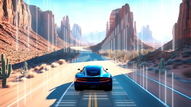 High-performance vehicle racing through desert landscape.