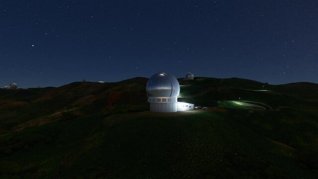 Night aerial view of the Roque de Los Muchachos Astrophysical Observatory on La Palma. Spain