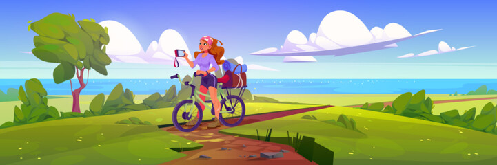 Woman tourist on bicycle taking photo with camera during eco travel on shore of sea or ocean. Cartoon summer vector landscape with girl riding bike on seaside. Happy active female character. - obrazy, fototapety, plakaty