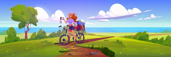 Türaufkleber Woman tourist on bicycle taking photo with camera during eco travel on shore of sea or ocean. Cartoon summer vector landscape with girl riding bike on seaside. Happy active female character. © klyaksun