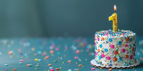 A colorful first birthday cake with one lit candle against a blue background with scattered candies.