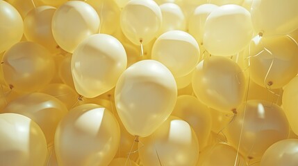 Many balloons densely packed together, opaque balloons, light yellow, the point of interest is in the center of the image, the center is very clear, and the surroundings are dark yellow, 