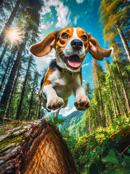 a Beagle jumps at full speed over a tree trunk in the forest, AI generated